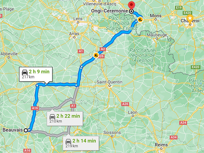 itinéraire de Beauvais à Ongi-ceremonie