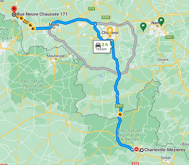 Itinéraire de Charleville-Mézières à Ongi-ceremonie