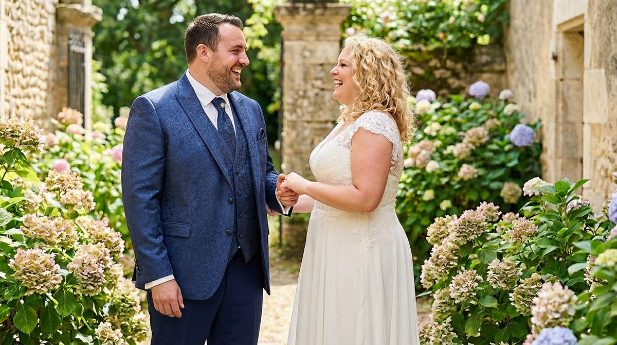 Un très joli couple costume de mariage bleu ciel