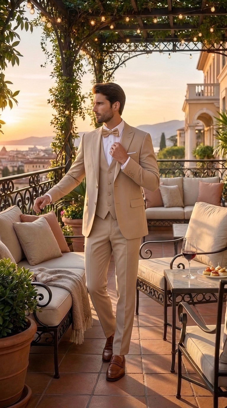 Costume de marié beige clair sur terrasse - Ongi Cérémonie